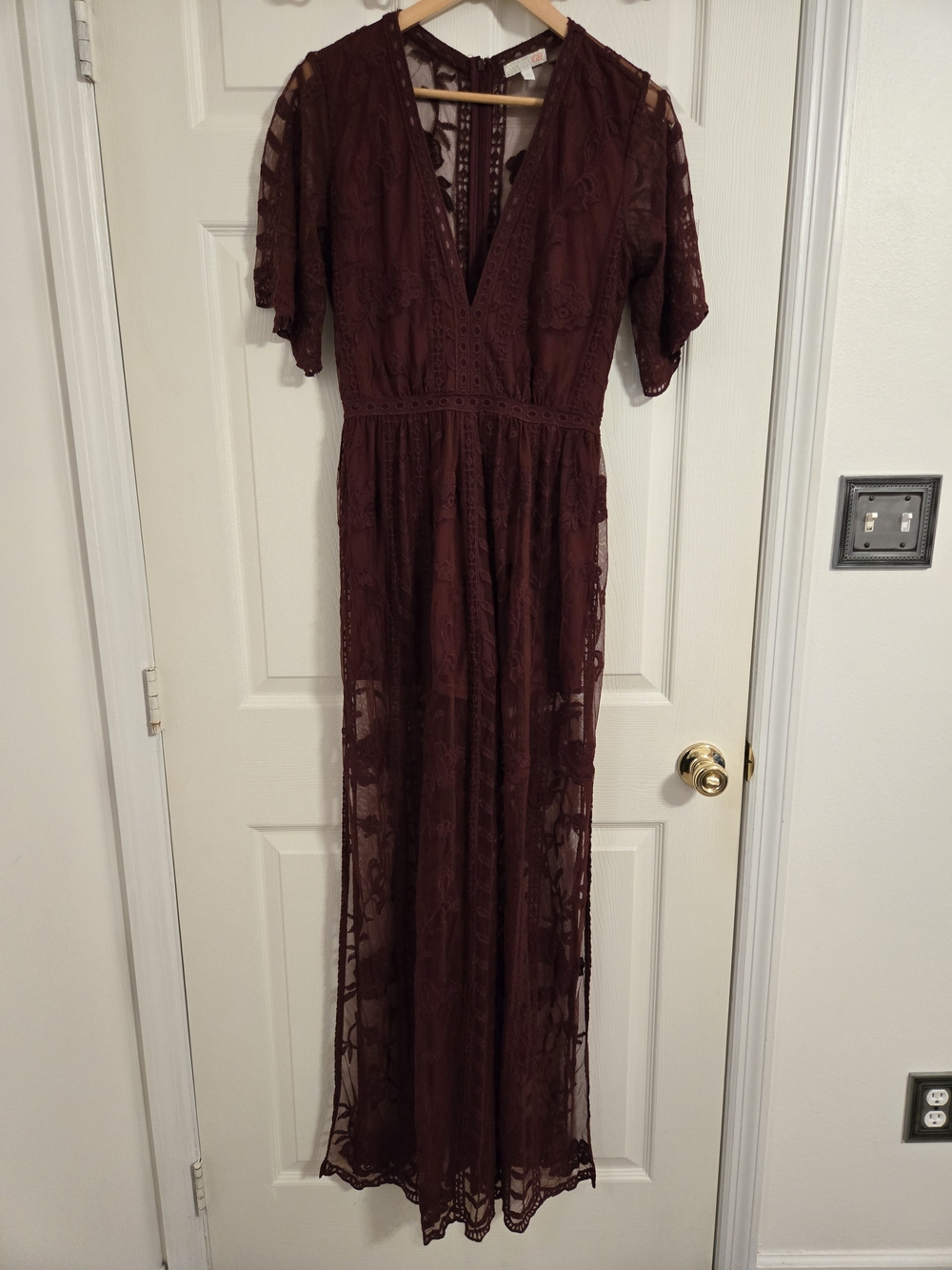 GB Burgundy Lace Maxi Dress Romper with V-Neck Size Medium